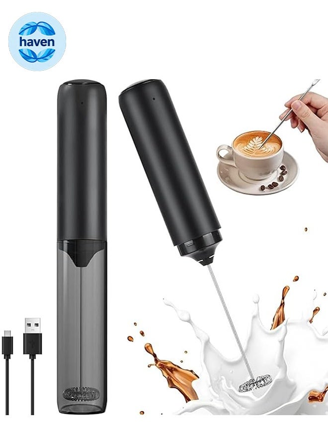 HAVEN Rechargeable Milk Frother Handheld with Cover, USB-C Charging Handheld Foam Maker, Portable Hand Frother Wand Drink Mixer for Matcha Lattes Cappuccino, Kitchen Baking, Black - Image 1